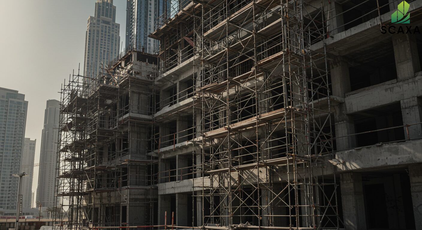 Cuplock scaffolding system erected on a Dubai construction site by Mahraj Scaffoldings